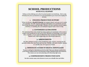 School Productions Support infographic listing five benefits of RockED Musicals: ongoing production support, customized alterations, abridgements, immediate digital downloads, and comprehensive production kits.